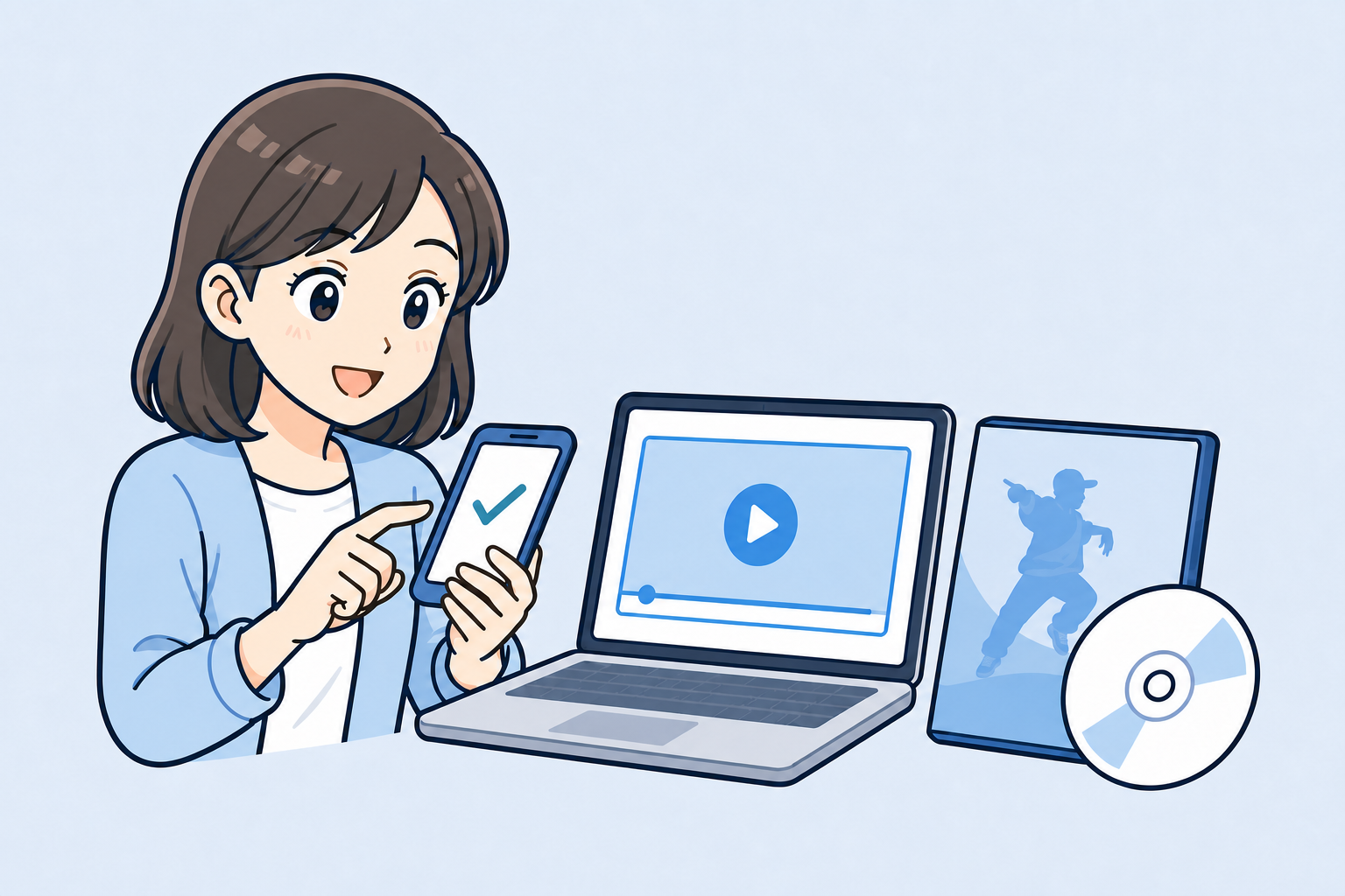 女性がスマートフォンで発表会の映像を確認し、パソコンとDVDジャケットを確認しているイメージ