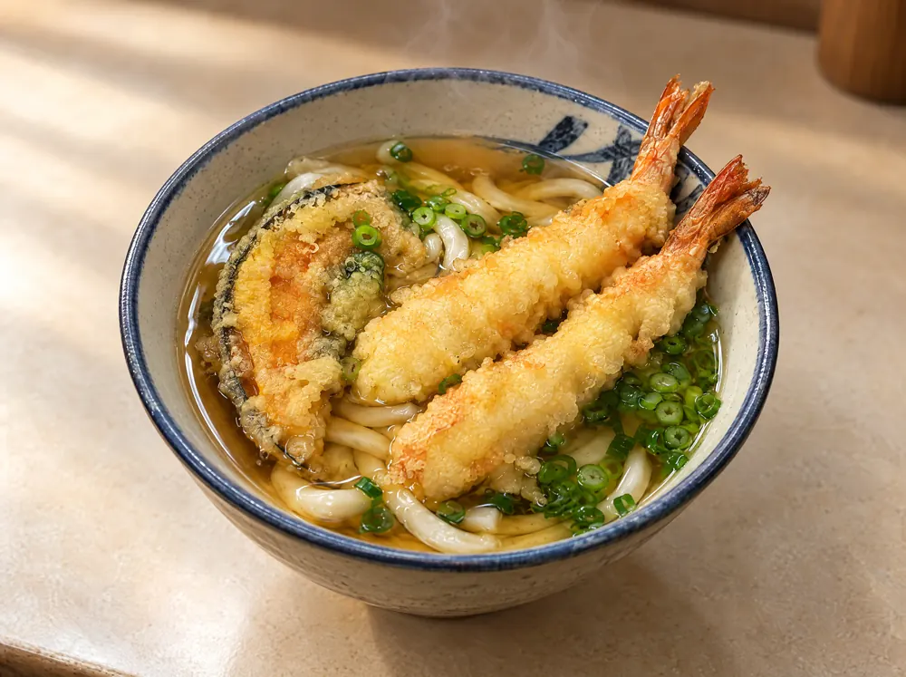 同じ天ぷらうどんを、AIで光と色を整えた写真。料理の中身はそのまま