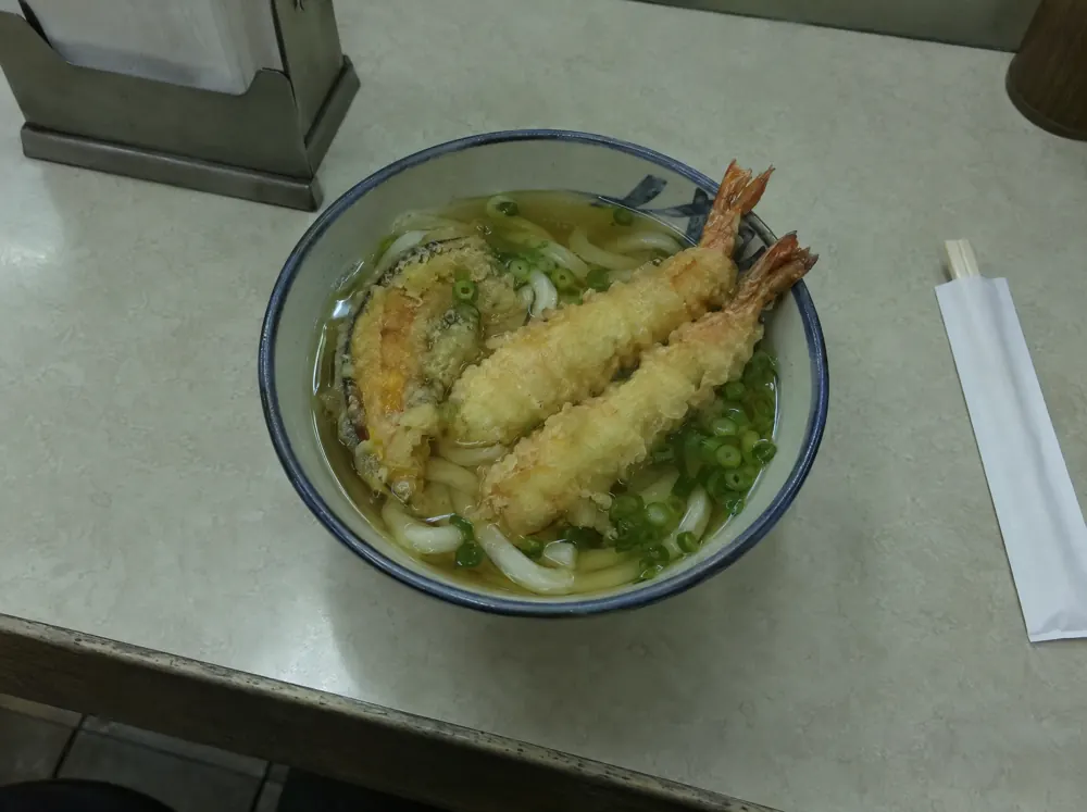 お店のスマホで撮った天ぷらうどんの写真。蛍光灯で色がくすんでいる