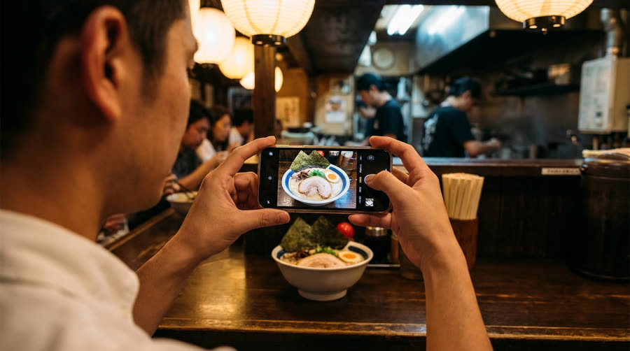 スマホで料理を撮影するお店の方
