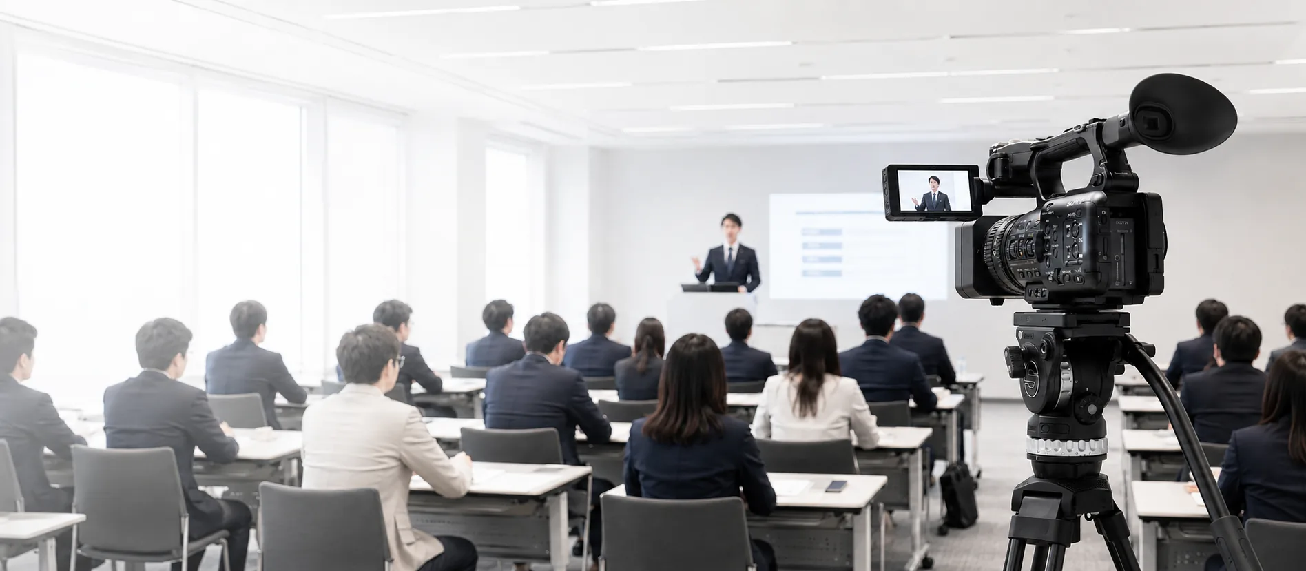 学会・セミナー・講演会の動画撮影現場。会場で業務用カメラを使い講師と聴衆を収録している様子